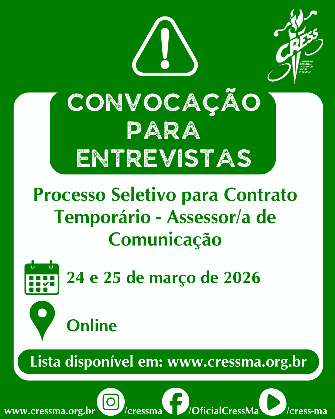 Convoção para entrevistas processo seletivo assessor de comunicação