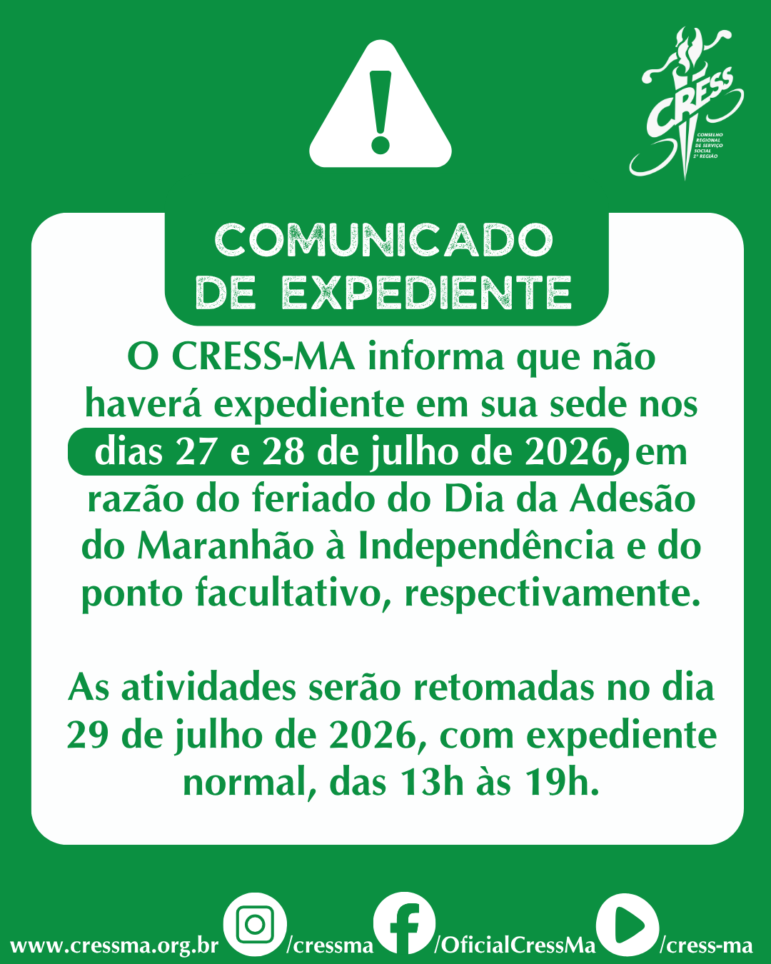 COMUNICADO - 28 DE JULHO 2026